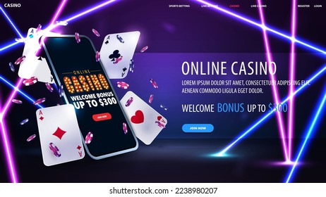 Online casino, banner for website with button, smartphone, poker chips and playing cards in purple scene with blue and pink neon line rays