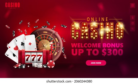 Online casino, banner for website with interface elements, symbol with gold lamp bulbs, slot machine, Casino Roulette, poker chips and playing cards.