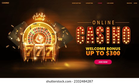 Online casino, banner for website with interface elements, title with gold lamp bulbs, neon gold casino roulette, slot machine, black playing cards and poker chips