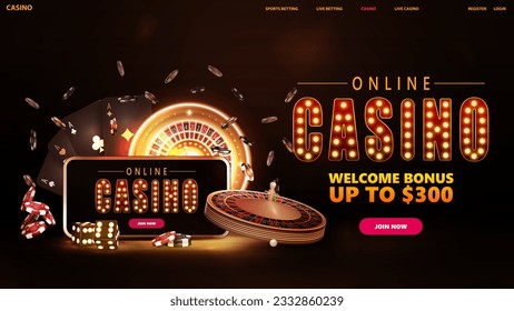 Casino en línea, banner para sitio web con elementos de interfaz, título con lámparas de oro, smartphone, neon roulette, tarjetas y chips de póker