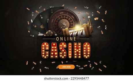 Online casino, black banner with button, slot machine, Casino Roulette, falling poker chips and playing cards.