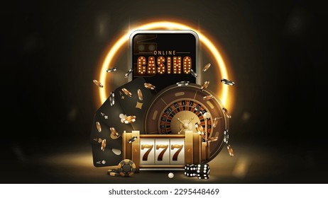 Online casino, black banner with smartphone, slot machine, Casino Roulette, poker chips and playing cards on dark background with gold neon ring