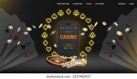 Casino en línea, Anuncio negro con teléfono inteligente, máquina tragamonedas de casino, ruleta de casino, tarjetas y fichas de póquer en la escena oscura con neón de oro de póquer establecido alrededor