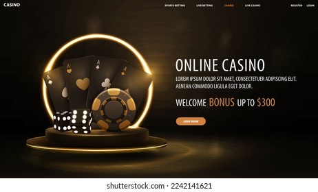 Online casino, black banner with welcome bonus, button, gold casino playing cards, dice and poker chips on gold podium with yellow neon ring on background