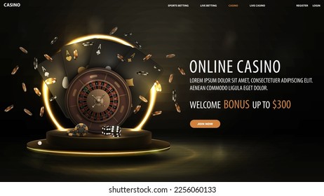 Online casino, black banner with welcome bonus, button, casino roulette wheel with black playing cards, dice and chips on gold podium with yellow neon ring on background