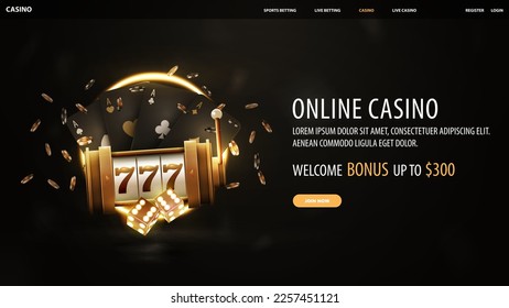 Online casino, black banner with welcome bonus, button, gold casino slot machine, dice, black playing cards and neon ring