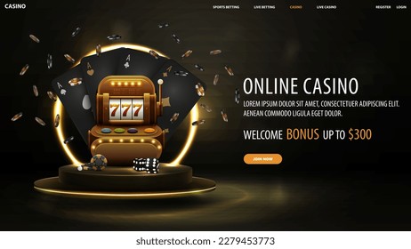 Online casino, black banner with welcome bonus, button, black playing cards, slot machine, dice and chips on podium with gold neon ring on background