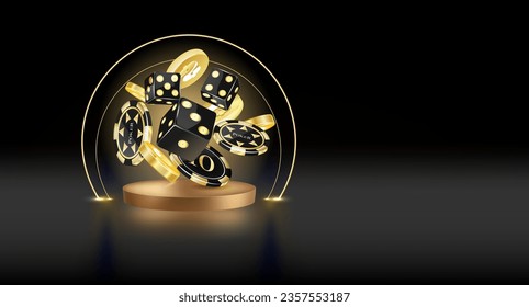 Online casino, black banner with welcome bonus, button, gold casino playing cards, dice and poker chips on gold podium with yellow neon ring on background