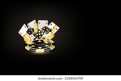Online casino, black banner with welcome bonus, button, gold casino playing cards, dice and poker chips on gold podium with yellow neon ring on background
