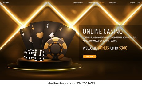 Online casino, black digital banner with gold casino playing cards, dice and poker chips on gold podium floating in the air in dark scene with wall of line rhombus gold neon lamps