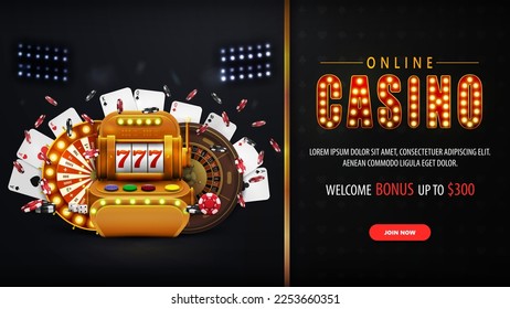 Online casino, black and gold horizontal banner with button, offer, slot machine, Casino Wheel Fortune, Roulette, falling poker chips and playing cards.