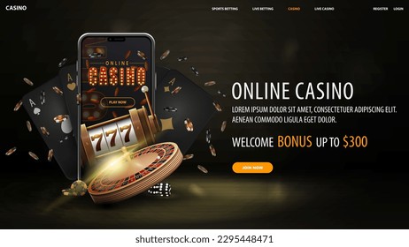 Online casino, black and gold web banner with offer, smartphone, slot machine, Casino Roulette, poker chips and playing cards.