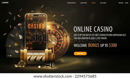Online casino, black and gold web banner with offer, smartphone, slot machine, Casino Roulette, poker chips and playing cards.