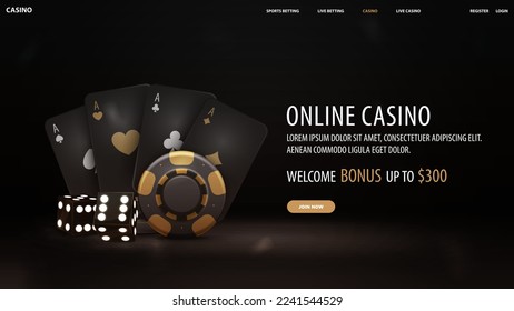 Casino en línea, banner de invitación negra para sitio web con bono de bienvenida, botón, casino dorado cartas de juego, dados y fichas de póker