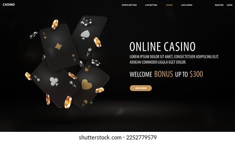 Online-Casino, schwarzer Einladungsbanner für Website mit Willkommensbonus, Button und fallende schwarz-goldene Casino-Chips mit Spielkarten