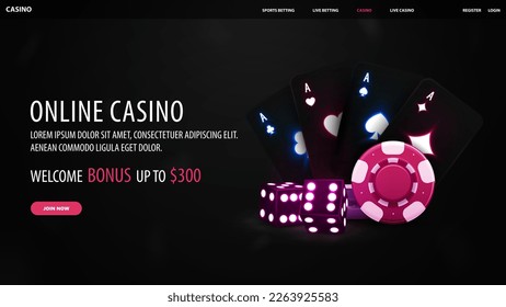 Online casino, black web banner with offer, black playing cards, dice and casino chips