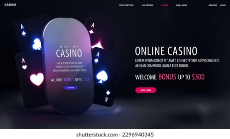 Online casino, black web banner with offer, smartphone and black neon playing cards