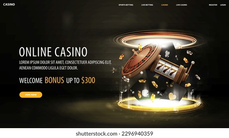 Online casino, black web banner with offer, playing cards, casino roulette, slot machine and poker chips inside gold portal