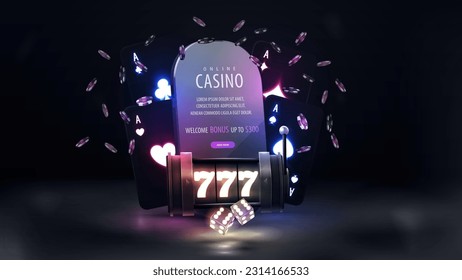 Casino en línea, banner web negro con smartphone con oferta en pantalla, con cartas de juego de neón negro, máquina tragaperras de neón, dados y chips de póker 