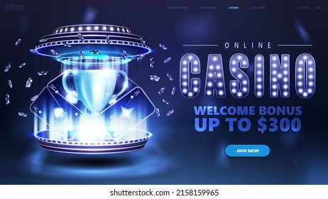 Online casino, blue banner with button, digital 3D podium in cylindrical shapes, neon casino playing cards, poker chips and cup pf winner