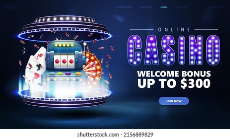 Online casino, blue banner with digital 3D podium in cylindrical shapes, slot machine, playing cards, poker chips and Casino Wheel Fortune