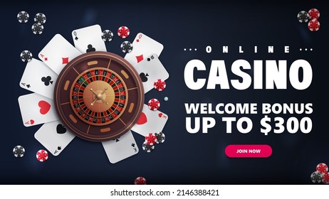 Online casino, blue banner with offer, Casino roulette, poker chips and playing cards