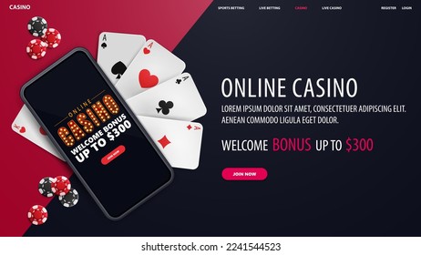 Online casino, blue banner with smartphone with offer, playing cards and poker chips, top view