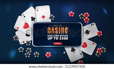 Online casino, blue banner with smartphone with offer, playing cards and poker chips, top view