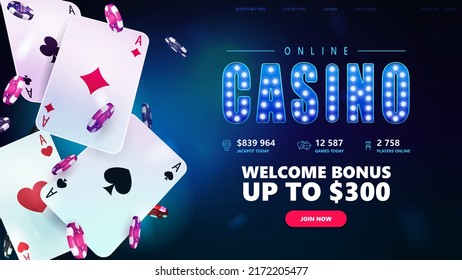 Online casino, blue banner for website with button, welcome bonus, casino playing cards and poker chips on blue background