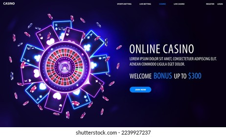 Online casino, blue dark banner with welcome bonus, button and pink shine neon Casino Roulette wheel with playing cards