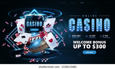 Online casino, blue invitation banner with button, smartphone, casino slot machine, Casino Roulette, cards and poker chips in dark scene with neon rhombus frames and hologram of digital rings