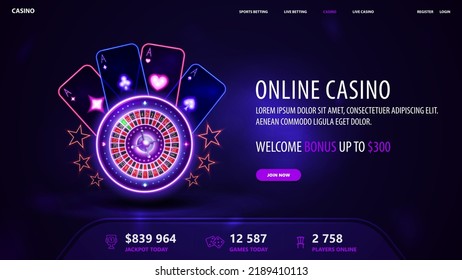 Online casino, blue invitation banner for website with welcome bonus, button and pink shine neon Casino Roulette wheel with playing cards in dark empty scene