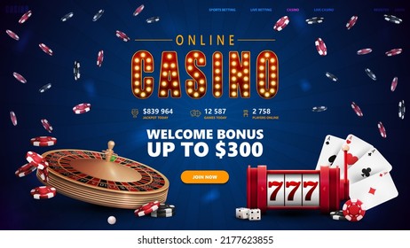 Online casino, blue poster with symbol with lamp bulbs, button, slot machine, Casino Roulette, poker chips and playing cards.