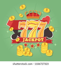 Online Casino Concept with dice, golden coins, crown, cards, slots 777 banner and chips.. Poker and jackpot win, gambling game web, gamble play illustration