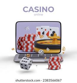 Online casino concept. Open laptop, stacks of chips, roulette, playing cards, dice. Remote participation in gambling. Game website advertisement with 3D color composition. Invitation to play