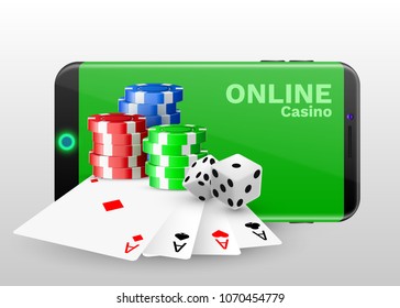 Online casino concept, playing cards, dice chips and smartphone with copyspace. Banner template layout mockup for online casinos and gambling. Vector illustration