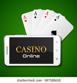 Online casino concept, smartphone and four aces on green background