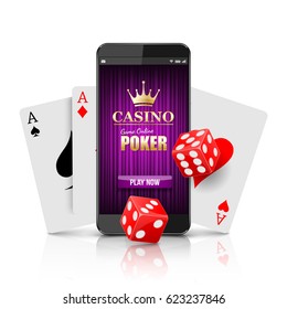 Online Casino Konzept, Smartphone mit Spielkarten und Pokerchips. Vektorgrafik