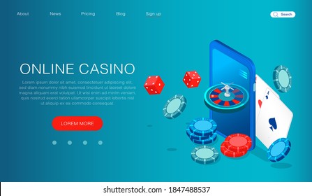 Concepto de casino en línea. Vector de un smartphone con ruleta de casino, chips, dados y tarjetas