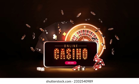 Online casino, dark banner with smartphone, neon roulette, cards and poker chips in black scene