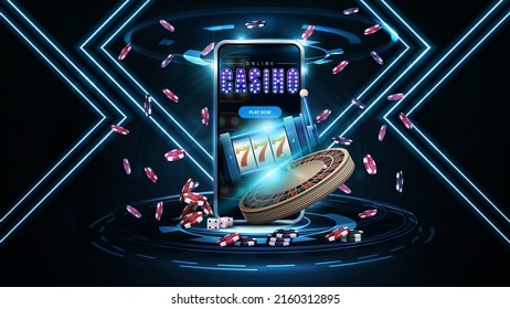 Online casino, dark and blue banner with smartphone, casino slot machine, Casino Roulette and poker chips in scene with neon rhombus frames on background