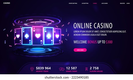 Online casino, dark and blue banner with offer, interface elements and neon playing cards with poker chips with hologram of digital rings in dark empty scene