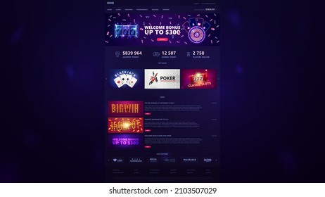 Online casino, dark and blue template of website of casino with web banners and casino elements