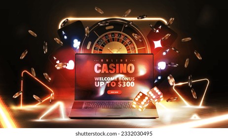 Online casino, dark poster with laptop, Roulette, chips, playing cards and gold neon triangles around