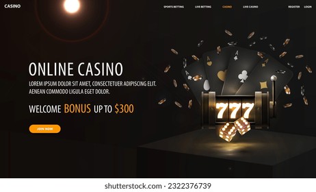 Online-Casino, Darke Web-Banner mit schwarzem Neonspielautomat, schwarze Spielkarten, Würfel und Poker-Chips auf dunklem Quadrat Podium