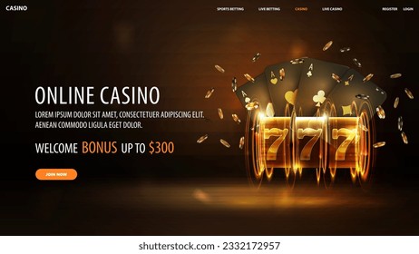 Online casino, dark web banner with offer, neon gold slot machine, black playing cards and poker chips