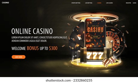 Online casino, dark web banner with offer, smartphone, black neon slot machine, black playing cards, dice and poker chips inside gold portal