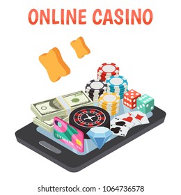 Online casino design concept set of roulette wheel game cards dice chips icons on smartphone screen isometric vector illustration