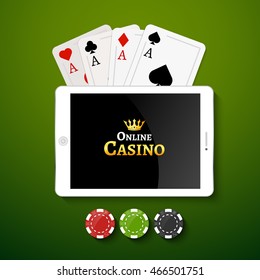 Online casino design poster banner. Tablet with poker chips and cards on table. Casino gambling background, poker mobile app.