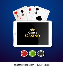 Online casino design poster banner. Tablet with poker chips and cards on table. Casino gambling background, poker mobile app.